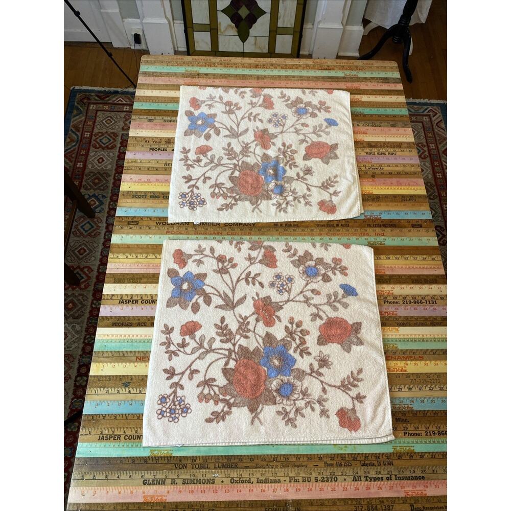 Vintage Retro 70s Mod Floral Flowers Dundee Fringe Bath Towels MCM Set Of 2